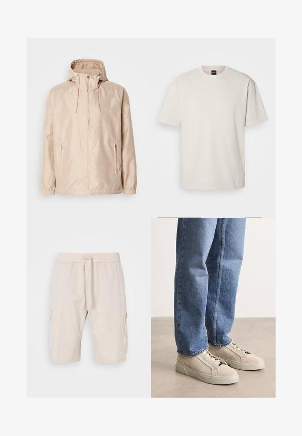 Beige Leichte Jacke mit Kapuze, ausgestattet mit einem durchgehenden Reißverschluss, zwei seitlichen Taschen, elastischen Bündchen und einem subtilen, geprägten Logo-Muster.; Kurzärmliges T-Shirt mit Rundhalsausschnitt aus Baumwolle in Off-White, mit geradem Schnitt und minimalem Branding am Kragen. Weiche Textur, keine Muster.; Beige Cargo-Shorts mit einem elastischen Bund und Kordelzug, ausgestattet mit zwei Seitentaschen und einem glatten, leichten Stoff.; BOSS GARYTENN_SDHDEL - Sneaker low - natural ten
