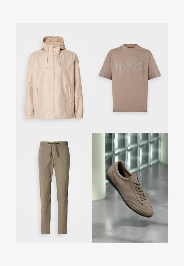 Chaqueta ligera color beige con capucha, que cuenta con cierre completo, dos bolsillos laterales, puños elásticos y un sutil patrón de logo en relieve.; Camiseta beige de manga corta con cuello redondo y gran texto en relieve "HUGO" en el pecho sobre fondo liso.; Pantalones caquis con cintura elástica y cordón, que presentan un diseño de pierna recta y una textura suave. Sin patrones ni acentos visibles.; Zapato casual marrón claro con cordones y suela negra, posicionado en el aire sobre un suelo gris y un fondo de pared de ladrillos de vidrio.