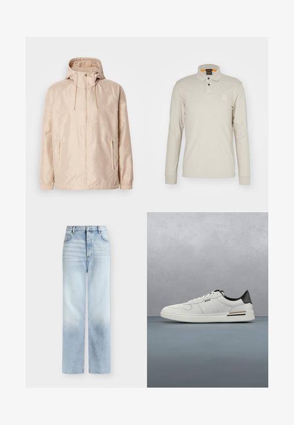 Veste légère beige avec une capuche, dotée d'une fermeture éclair intégrale, de deux poches latérales, de poignets élastiques et d'un subtil motif de logo en relief.; Polo à manches longues en coton beige clair. Il dispose d'un col, de deux boutons et d'un petit logo en relief sur la poitrine. Col intérieur orange.; Jeans bleu clair taille haute à jambes droites, avec poches avant, passants de ceinture et fermeture par bouton.; Sneaker basse blanche avec talon noir, fermeture à lacets, perforations subtiles et logo "BOSS" sur le côté, vue depuis le profil extérieur.