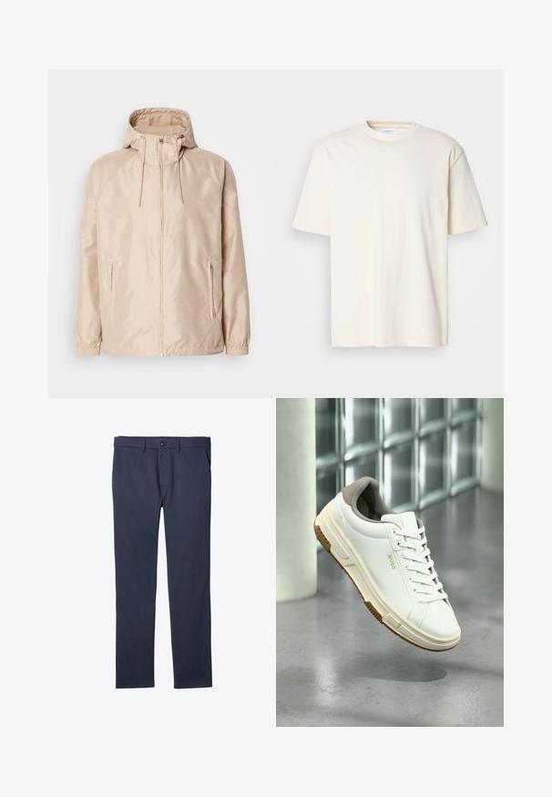 Chaqueta ligera color beige con capucha, que cuenta con cierre completo, dos bolsillos laterales, puños elásticos y un sutil patrón de logo en relieve.; Camiseta de cuello redondo de manga corta en color blanco roto, diseño unisex, exhibida sobre un fondo gris neutro.; Pantalones azul marino de pierna recta con cierre de botón y cremallera, trabillas y bolsillos laterales.; Zapatilla blanca con detalles beige, suela de goma y cordones, con la marca "HUGO", situada sobre un suelo de hormigón pulido cerca de bloques de vidrio.