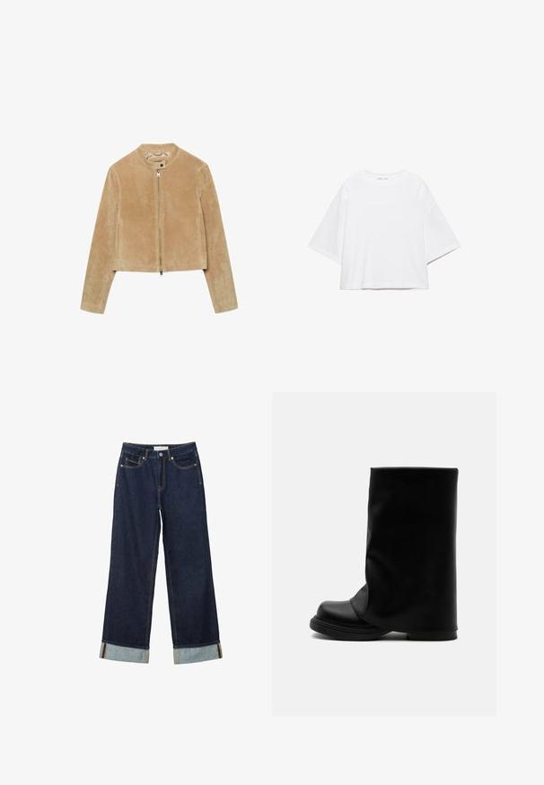 Veste en suède marron clair à manches longues, fermeture éclair à l'avant et col à boutons-pression, présentée à plat sur un fond blanc.; T-shirt blanc à manches courtes, coupe carrée, en coton doux. Présente un col rond et des manches larges, avec un design épuré et simple.; Jean large bleu foncé à taille haute, avec des ourlets roulés, des coutures contrastées et un design à cinq poches. Fabriqué en tissu en denim.; Botte haute en cuir noir avec une tige supérieure large et ample et une semelle épaisse et arrondie sur fond blanc.