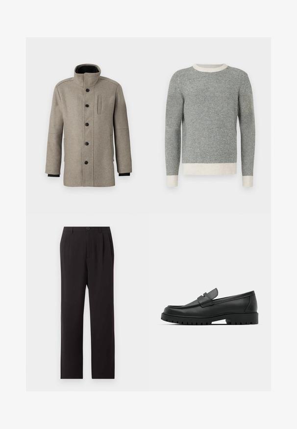 Manteau en laine gris clair avec un col haut, fermeture à boutons sur le devant et une poche latérale. Il a des manches longues et une texture lisse.; Pull rayé gris et crème avec un col rond côtelé et des poignets. Fabriqué en tissu texturé, offrant un design ajusté et des manches longues.; Pantalon noir taille haute sur mesure avec plis, fermeture par boutons, passants de ceinture et jambes droites sur un fond clair uni.; Mocassins en cuir noir à bout arrondi, avec un design cousu, une semelle plateforme basse et une semelle en caoutchouc texturée et crantée.
