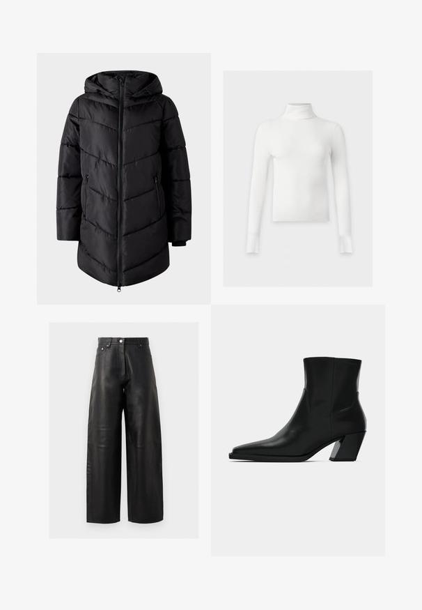 VILA Puffer VIMILJA Hooded - Vinterfrakke - black beauty; Hvid ribstrikket langærmet rullekrave sweater med tætsiddende pasform og lige kant, vist mod en ensfarvet lys baggrund.; Sorte læder bredbenede bukser med høj talje, forlommer og subtile syninger. Den glatte tekstur forbedrer designet.; Sortlæder ankelstøvle med spids tå, en slank silhuet og en kraftig firkantet hæl. Glat tekstur med minimale stikninger.