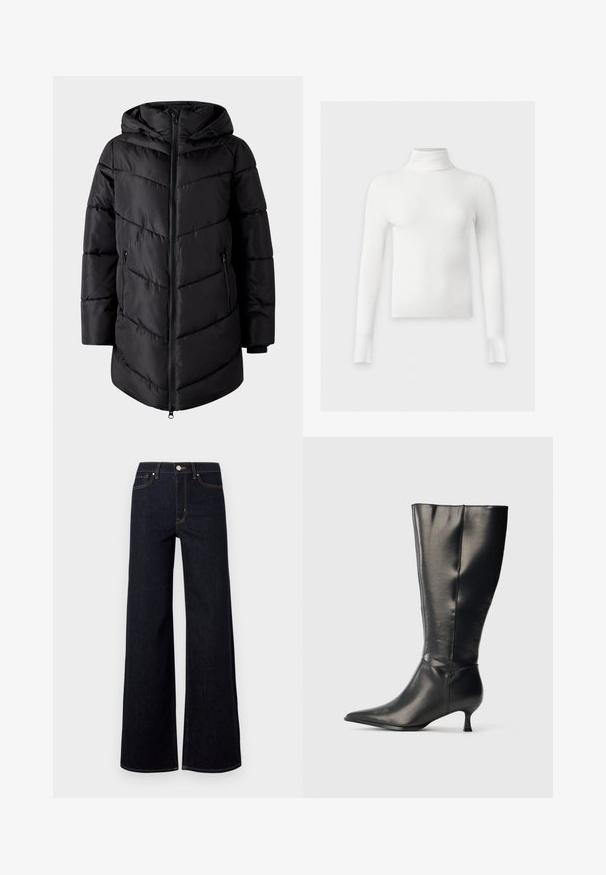 VILA Puffer VIMILJA Hooded - Vinterfrakke - black beauty; Hvid ribstrikket langærmet rullekrave sweater med tætsiddende pasform og lige kant, vist mod en ensfarvet lys baggrund.; Mørkeblå brede jeans lavet af denim, med høj talje, kontraststing og en enkelt metalknap foran.; Sort knæhøj læderstøvle med spids tå og lav kittenhæl, vist på en enkel lys baggrund.