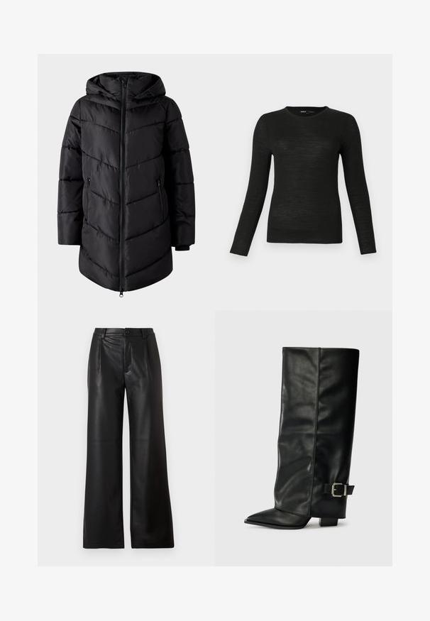 VILA Puffer VIMILJA Hooded - Wintermantel - black beauty; Zwarte slim fit sweater met lange mouwen en ronde hals, met een gladde textuur, weergegeven op een effen lichtgrijze achtergrond.; Zwarte wijde leren broeken van soepel leer met een sluiting met een knoop aan de voorkant en twee diagonale zakken aan de voorkant.; Zwarte leren enkellange laarzen met een spitse neus, een gladde textuur en een zilveren gesps Accent aan de zijkant. Stevige vierkante hak.