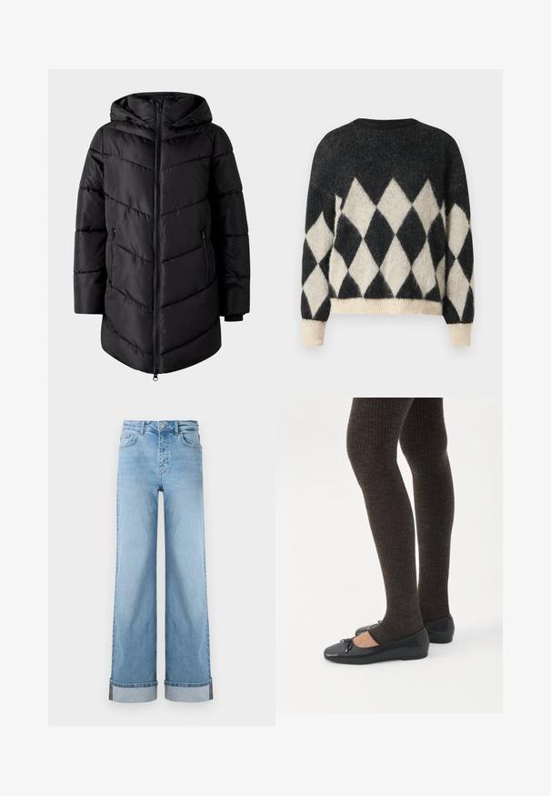 VILA Puffer VIMILJA Hooded - Vinterfrakke - black beauty; Sort og cremefarvet oversized sweater med diamantmønster, lavet af blødt struktureret stof med ribkant i bunden og på ærmerne.; Lyseblå, vide jeans i klassisk denim med høj talje, prydet med opbrettede kanter og synlig søm.; Ben iført mørke ribbede leggings kombineret med sorte balletsko med små sløjfedetaljer på hvid baggrund.