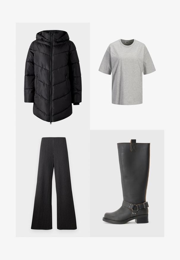 VILA Puffer VIMILJA Hooded - Wintermantel - black beauty; Hellgraues T-Shirt mit kurzen Ärmeln und Rundhalsausschnitt, mit kleinem weißen "JJXX STUDIO"-Logo mittig auf der Brust.; Weite schwarze Stoffhosen mit weißen Streifen. Sie haben eine hohe Taille und eine glatte Textur. Keine sichtbaren Verzierungen.; Schwarze Leder-Stiefel bis zum Knie mit strukturiertem Finish, seitlichem Schnallenakzent und niedrigem Absatz. Detaillierte Steppnähte entlang der Nähte.