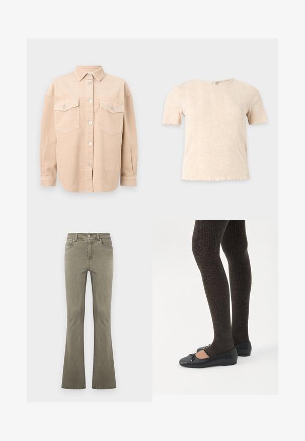 Chemise beige en velours côtelé avec boutons, manches longues, deux poches poitrine à rabats boutonnés et col classique.; Haut tricoté beige à manches courtes avec col rond et motif côtelé vertical discret, sur fond uni gris clair.; Jean droit vert olive avec fermeture à boutons sur le devant, passants pour ceinture et design cinq poches, présenté sur un fond uni.; Jambes portant des leggings côtelés foncés associés à des ballerines noires avec de petits détails en nœud sur fond blanc.