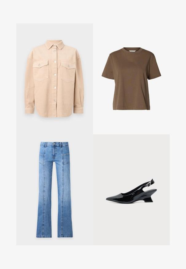 Chemise beige en velours côtelé avec boutons, manches longues, deux poches poitrine à rabats boutonnés et col classique.; T-shirt marron à manches courtes et col rond, en tissu uni, coupe décontractée avec peu de coutures.; Jean en denim bleu clair avec taille haute, bouton devant, fermeture éclair, détails de coutures et jambes légèrement évasées sur un fond uni.; Chaussure slingback en cuir verni noir avec bout pointu et petit talon bloc incliné sur fond clair uni.