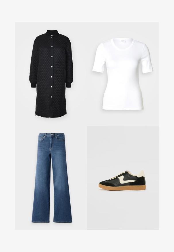Zwarte gewatteerde lange jas met een rits aan de voorkant, drukknoopsluiting, rib gebreide manchetten, zijzakken en een ruitpatroon textuur.; Wit T-shirt met korte mouwen van glad katoen, met een ronde halslijn en een aangesloten pasvorm. Klassiek ontwerp, zonder patronen of accenten.; Bredere blauwe denim jeans met een standaard tailleband, steekzakken en een gladde textuur. Geen zichtbare patronen of versieringen.; Zwarte suède en leren sneaker met een crèmekleurige zij-swoosh en lichte crèmekleurige hiel. Voorzien van beige veters en een gumrubberen zool.