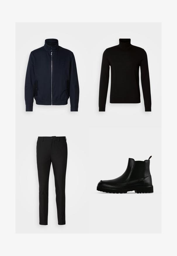 Marineblå jakke med høj krave, frontlynlås, sidelommer og ribstrikkede manchetter. Glat tekstur med en diskret logo detaljer på brystet.; Sort turtleneck sweater lavet af et fint strikket stof, der har lange ærmer og en tætsiddende silhuet. Glat tekstur med ribbede manchetter.; Sorte bukser med slim fit, der har en knaplukning, lynlås og to forlommer. Glat stof med mat overflade.; Sort læderankelstøvle med tekstureret sål, elastiske sidepaneler og træksnor på en lysegrå baggrund.