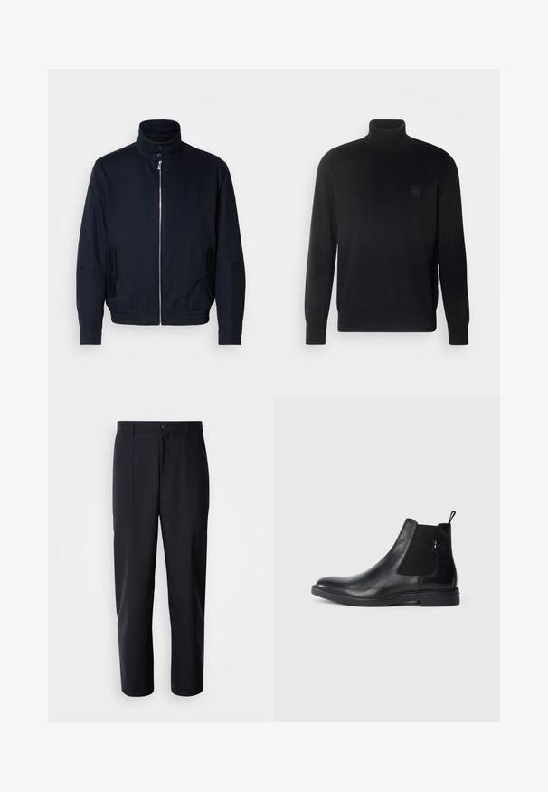 Marineblaue Jacke mit hohem Kragen, Vorderreißverschluss, seitlichen Taschen und gerippten Bündchen. Glatte Textur mit einem dezenten Logodetail auf der Brust.; Schwarzer Rollkragenpullover mit langen Ärmeln, geripptem Kragen und Bündchen, aus einem glatten Stoff gefertigt. Mit einem kleinen Logo-Patch auf der Brust.; Dunkelblaue Hosen aus glattem Stoff, mit geradem Bein-Design, zwei Seiten Taschen und einem Knopfverschluss an der Taille.; Schwarze Leder Chelsea-Boots mit elastischen seitlichen Einsätzen, einer Zugschlaufe und einer flachen Gummisohle. Glatte Textur mit minimaler Ausgestaltung.