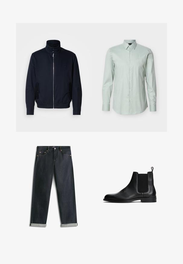 Marineblaue Jacke mit hohem Kragen, Vorderreißverschluss, seitlichen Taschen und gerippten Bündchen. Glatte Textur mit einem dezenten Logodetail auf der Brust.; Hellgrünes Herrenhemd mit langen Ärmeln, spitzem Kragen und weißen Knöpfen, vor einem schlichten weißen Hintergrund präsentiert.; Dunkelblaue Denim-Jeans mit umgeschlagenen Bündchen, fünf Taschen und kontrastierender Naht, flach auf weißem Hintergrund liegend.; Schwarze Leder-Chelsea-Stiefel mit elastischen Seitenpaneelen, abgerundeter Zehenpartie, flacher Sohle und einer Zugschlaufe an der Rückseite für ein einfaches Anziehen. Glatte Textur.
