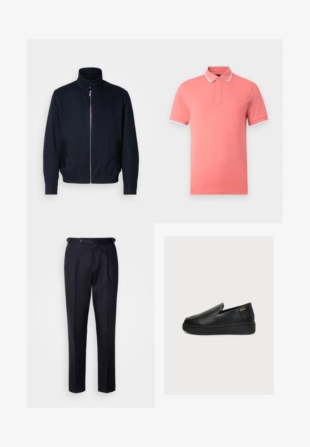 Marineblå jakke med høj krave, frontlynlås, sidelommer og ribstrikkede manchetter. Glat tekstur med en diskret logo detaljer på brystet.; Mænds koralpink poloshirt med hvid kant på krave og ærmer, korte ærmer og to-knaps lukning.; Marineblå kjolebukser lavet af glat stof med plisseret front, lige ben og en linning med knaplukning.; Sort læder slip-on platform sko med tyk sål og lille gyldent "HUGO" logo nær hælen på en ensfarvet lys baggrund.