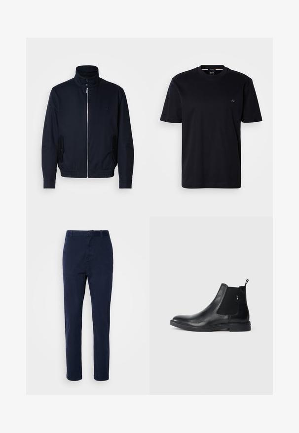 Marineblauwe jas met hoge kraag, voorsluiting met rits, zijzakken en ribgebreide manchetten. Gladde textuur met een subtiele logo-detail op de borst.; Zwart T-shirt met korte mouwen van zacht katoen, met een ronde hals en een klein cirkelvormig logo op de borst. Minimalistisch ontwerp, zonder patronen.; Marineblauwe chinos gemaakt van lichtgewicht stof, met een recht toe-gevoegde ontwerp, drukknopsluiting en zijzakken. Glad van textuur zonder patronen.; Zwarte leren Chelsea-boots met elastische zijpanelen, een treklipje en een vlakke rubberen zool. Gladde textuur met minimale details.