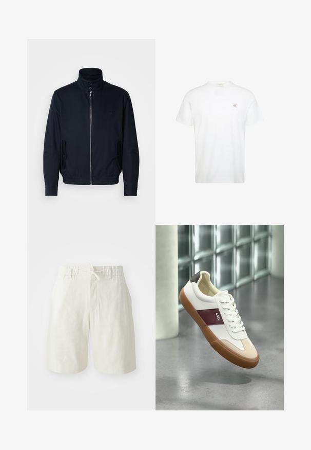 Marineblå jakke med høj krave, frontlynlås, sidelommer og ribstrikkede manchetter. Glat tekstur med en diskret logo detaljer på brystet.; Hvid t-shirt med korte ærmer og rund hals med lille rød og sort Calvin Klein logo lap på venstre bryst.; Lys beige shorts lavet af et blødt, tekstureret stof. Har en elastisk talje med snoretræk og en enkelt frontlomme.; Hvid lavtop-sneaker med brun sål, vinrød stribe mærket "BOSS," beige tå-accenter og sort hæl, svævende over en grå gulv.