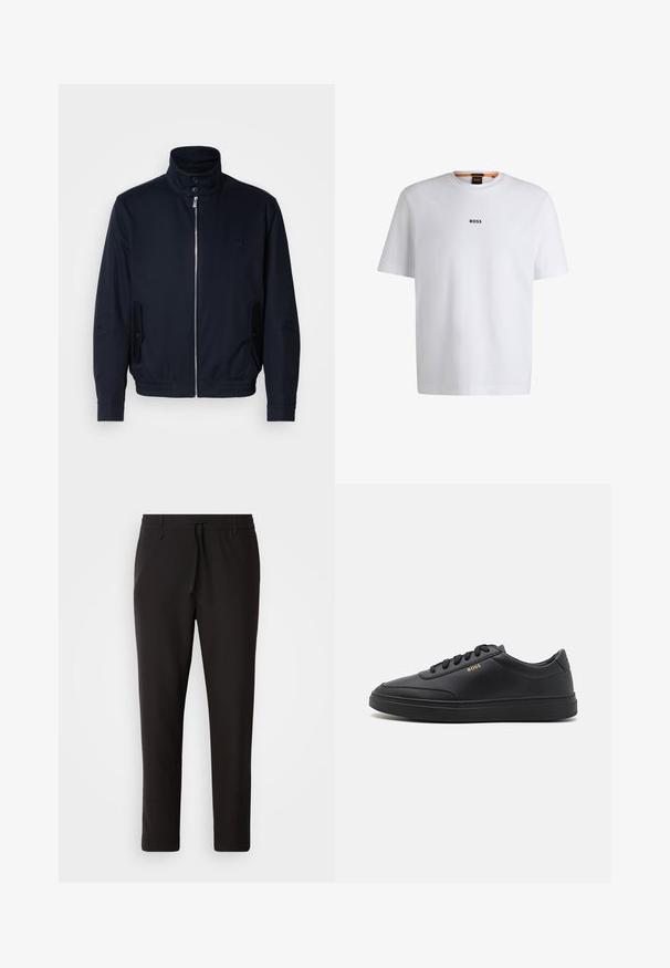 Marineblå jakke med høj krave, frontlynlås, sidelommer og ribstrikkede manchetter. Glat tekstur med en diskret logo detaljer på brystet.; Hvid bomuld T-shirt med korte ærmer, med et sort "BOSS" logo centreret på brystet og en rund halsudskæring.; Sorte joggebukser lavet af glat stof. Har en elastisk talje med snor, tætsiddende ben og ingen synlige lommer. Enkel design.; Sorte lædersneakers med en glat overflade, rund tå, flad gummisål og tonede snørebånd. Udstyret med guld "BOSS" branding på siden.