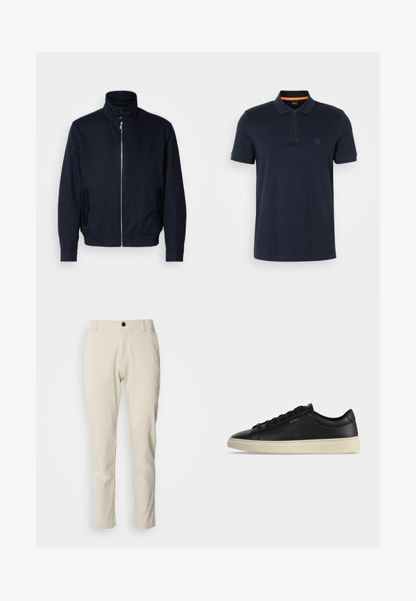 Marineblaue Jacke mit hohem Kragen, Vorderreißverschluss, seitlichen Taschen und gerippten Bündchen. Glatte Textur mit einem dezenten Logodetail auf der Brust.; Marineblaues Polohemd mit Reißverschlusskragen, ausgestattet mit einem kleinen Logopatch auf der Brust und kurzen Ärmeln. Material aus Baumwollmischung mit glatter Textur.; Beige Chinos mit geradem Schnitt, aus weichem Baumwollstoff gefertigt, mit Reißverschluss und einem einzelnen schwarzen Knopfverschluss.; Schwarzer flacher Ledersneaker mit weißer Sohle, schwarzen Schnürsenkeln und kleinem goldfarbenem BOSS-Logo an der Seite.