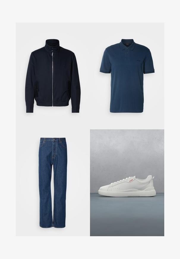 Marineblaue Jacke mit hohem Kragen, Vorderreißverschluss, seitlichen Taschen und gerippten Bündchen. Glatte Textur mit einem dezenten Logodetail auf der Brust.; BOSS Poloshirt - open blue; Blaue Jeans aus Denim mit geradem Bein, ausgestattet mit einem Knopfverschluss, fünf Taschen und kontrastierenden Nähten entlang der Säume.; Weiße Sneaker aus glattem Leder, runde Spitze, vier Ösen, dezente Perforationen und ein rotes Logodetail an der Seite.