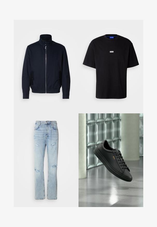 Marineblaue Jacke mit hohem Kragen, Vorderreißverschluss, seitlichen Taschen und gerippten Bündchen. Glatte Textur mit einem dezenten Logodetail auf der Brust.; Schwarzes Baumwoll-T-Shirt mit Rundhalsausschnitt, kurzen Ärmeln und einem weißen rechteckigen "HUGO"-Logo auf der Brust. Glatte Textur, lockere Passform.; Hellblaue Jeans mit legerer Passform, featuring distressed Stellen und fransigen Kanten. Der Stoff hat eine weiche, glatte Textur.; Schwarzer flacher Ledersneaker mit schwarzen Schnürsenkeln und goldenem BOSS-Logo an der Seite, schwebend über einem glänzenden grauen Boden in einem modernen Innenraum.