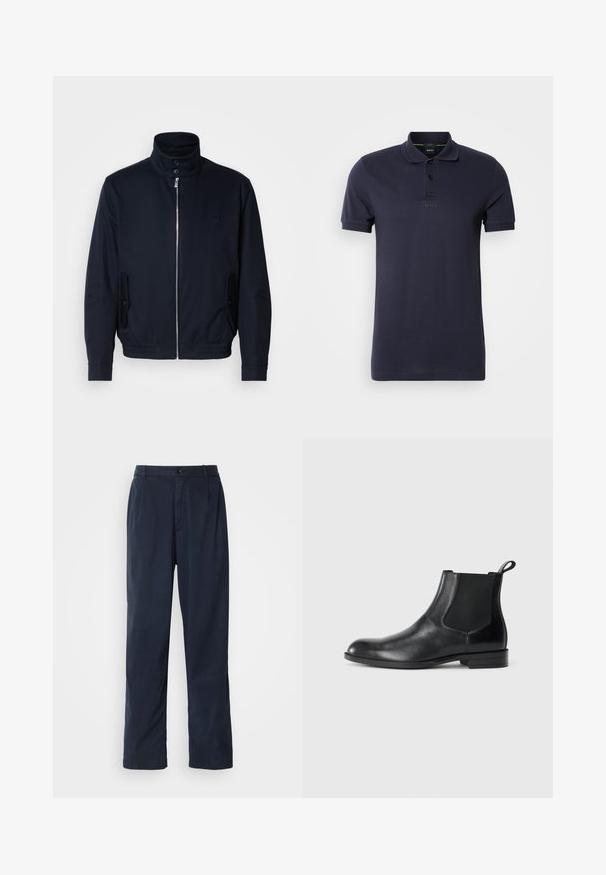 Marineblauwe jas met hoge kraag, voorsluiting met rits, zijzakken en ribgebreide manchetten. Gladde textuur met een subtiele logo-detail op de borst.; Marineblauwe polo van katoen, met een platte kraag, een drukknoopsluiting met drie knopen en een geborduurd logo op de borst. Korte mouwen.; Navyblauwe broek van een katoenmix. Heeft een recht model, een sluiting met een voorste knoop en subtiele plooien. Gladde textuur.; Zwarte leren enkelboot met elastische zijpanelen, ronde neus en een trekhaak. Gladde textuur, platte zool, minimalistisch ontwerp.