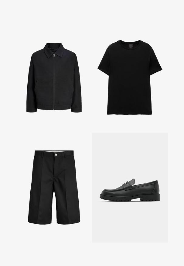 Veste noire zippée avec col, manches longues et poches latérales, présentée sur fond blanc.; T-shirt noir à manches courtes avec col rond, étiquette Pull&Bear à l’intérieur du col, posé à plat sur un fond blanc.; Shorts noirs à hauteur du genou avec passants de ceinture, bouton avant et tissu propre et lisse.; Mocassins en cuir noir à bout arrondi, avec un design cousu, une semelle plateforme basse et une semelle en caoutchouc texturée et crantée.