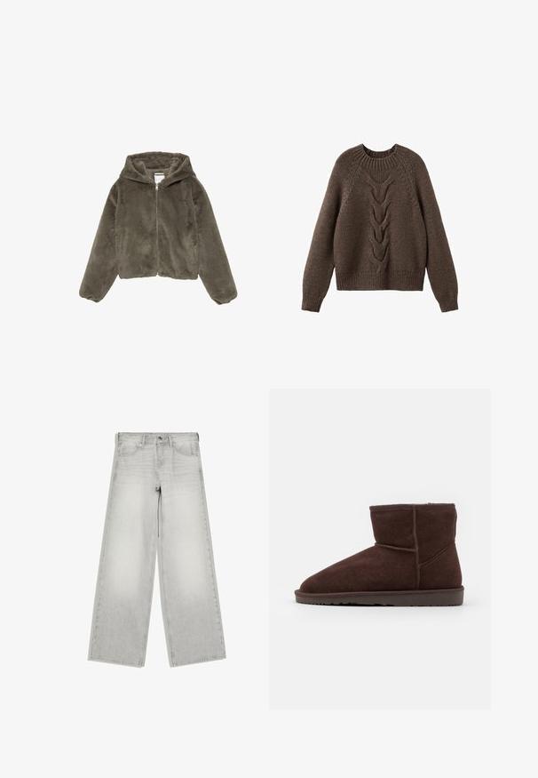 Veste à capuche en fausse fourrure vert olive avec une texture douce, manches longues et capuche. Dispose d'une fermeture éclair devant et d'une coupe courte.; Pull en tricot marron avec un col rond, des manches longues et un motif en torsades sur le devant. Ourlets et poignets côtelés.; Jean gris clair à jambes larges avec fermeture par bouton et zip, poches avant, et passants de ceinture, présenté à plat sur fond blanc.; Bottines en daim marron avec un bout arrondi et un intérieur doux, dotées d'une semelle en caoutchouc plate et d'accents de couture ton sur ton.
