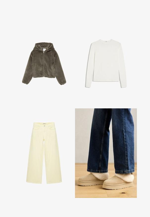 Veste à capuche en fausse fourrure vert olive avec une texture douce, manches longues et capuche. Dispose d'une fermeture éclair devant et d'une coupe courte.; T-shirt blanc uni à manches longues avec col rond et coupe ajustée, posé à plat sur un fond blanc.; Jean large couleur crème avec poches avant, passants de ceinture et fermeture par bouton à la taille.; Bottines en daim beige avec un col en fourrure moelleux de couleur crème. Semelle plate avec une surface texturée, associées à un jean large bleu foncé.