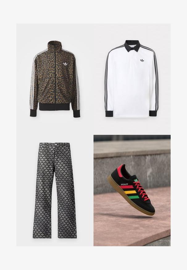 Brun og sort leopardprint zip-up jakke med hvide tre-stribede detaljer på ærmerne og en sort ribkant. Klassisk Adidas-logo.; Hvid langærmet polo med sort krave, sorte manchetter, sort tre-stribet design på ærmerne og sort Adidas-logo på brystet.; Bukser med brede ben i sort og grå med et struktureret løvmønster. Har klassisk design med fem lommer og lukning med metal knap.; Sort Adidas Spezial-sneaker med røde, gule og grønne striber, røde snørebånd, gummisål og rødt hældetalje, vist svævende over fortovet.