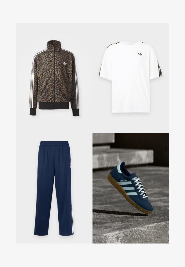 Brun og sort leopardprint zip-up jakke med hvide tre-stribede detaljer på ærmerne og en sort ribkant. Klassisk Adidas-logo.; Hvid bomuld t-shirt med korte ærmer, prydet med sorte tre-stribede detaljer på skuldrene og et lille sort logo på brystet.; Marineblå træningsbukser med en tekstureret finish, elastisk taljebånd og hvide sidelommer. Har en lige pasform og ingen lommer.; Blå Adidas Spezial sneaker med hvide striber og snørebånd, gummisål, svævende over en ru betongoverflade og trin i baggrunden.