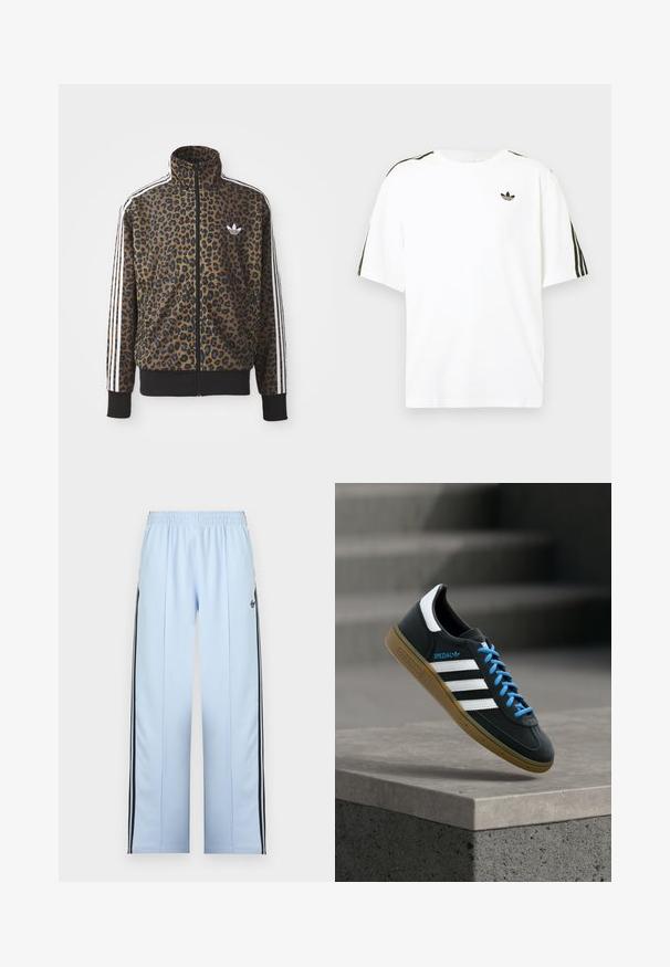 Brun og sort leopardprint zip-up jakke med hvide tre-stribede detaljer på ærmerne og en sort ribkant. Klassisk Adidas-logo.; Hvid bomuld t-shirt med korte ærmer, prydet med sorte tre-stribede detaljer på skuldrene og et lille sort logo på brystet.; Lyseblå træningsbukser med elastisk taljebånd, sorte sidelister og lille sort Adidas-logo på venstre lår.; Sort Adidas sneaker med hvide striber, blå snørebånd og gummisål, der svæver over gråt betontrin i blødt lys.