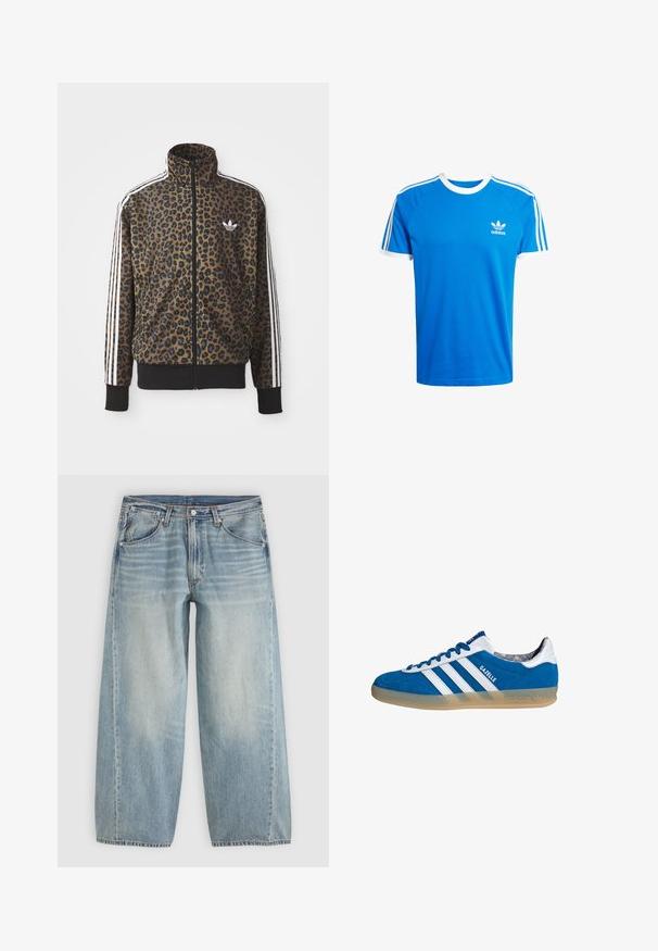 Leopard print zip-up jacket in brown and black, featuring white three-stripe accents on sleeves and a black ribbed hem. Classic Adidas logo.; Blue cotton t-shirt with white ribbed crew neck and sleeve hems. Features classic three white stripes along shoulders; small logo on chest.; Light blue wide-leg denim jeans with front pockets, belt loops, button closure, and subtle fading on thighs against a plain background.; Blue and white Adidas Gazelle sneaker with gum sole and three white stripes, viewed from the side on a white background.