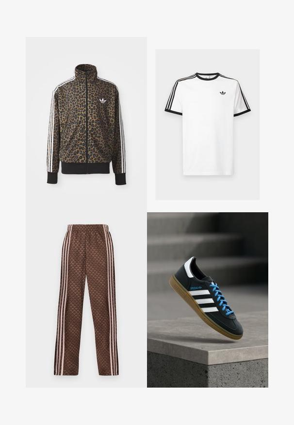 Leopard print zip-up jacket in brown and black, featuring white three-stripe accents on sleeves and a black ribbed hem. Classic Adidas logo.; White cotton t-shirt with black ribbed neckline and sleeves, featuring three black stripes on each shoulder and a small logo on the chest.; Brown track pants with light pink vertical stripes on sides and repeating leaf pattern all over, elastic waistband, straight leg fit.; Black Adidas sneaker with white stripes, blue laces, and gum sole floating above gray concrete step in soft light.