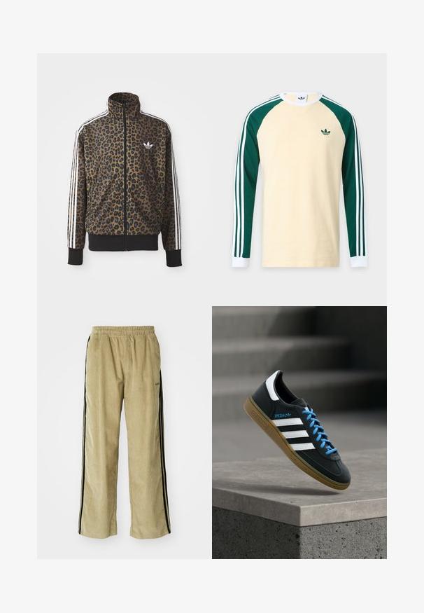 Brun og sort leopardprint zip-up jakke med hvide tre-stribede detaljer på ærmerne og en sort ribkant. Klassisk Adidas-logo.; Beige langærmet skjorte med mørkegrønne raglanærmer, hvide manchetter, hvide striber på ærmerne og lille grønt Adidas-logo på brystet.; Beige fløjsbukser med elastisk talje, der har sorte side-striber. Stoffet har en ribbet tekstur og er let flagrende forneden.; Sort Adidas sneaker med hvide striber, blå snørebånd og gummisål, der svæver over gråt betontrin i blødt lys.