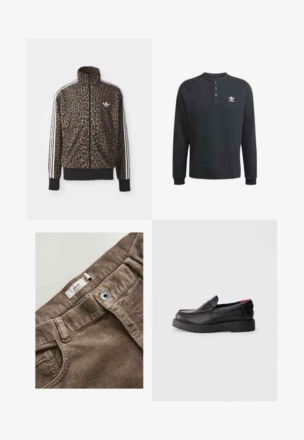 Leopardenmuster Zip-Jacke in Braun und Schwarz, mit weißen drei Streifen Akzenten an den Ärmeln und einem schwarzen gerippten Saum. Klassisches Adidas-Logo.; Schwarz langärmeliges Henley-Shirt aus strukturiertem Stoff, mit einer Drei-Knopf-Leiste und einem weißen Adidas-Logo auf der linken Brust.; Braune Cordhosen mit Metallknopf und einem Etikett mit der Aufschrift "NEXT Straight Fit" im Bund.; Schwarzer Lederschlupfschuh mit Mokassin-Nähten, Gummisohle und strukturiertem Finish. Hat dezente Markenkennzeichnung an der Seite.