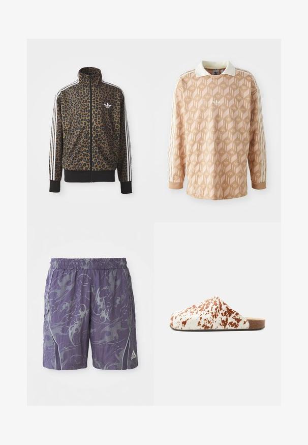 Brun og sort leopardprint zip-up jakke med hvide tre-stribede detaljer på ærmerne og en sort ribkant. Klassisk Adidas-logo.; Langærmet skjorte i en lys ferskenfarve med et geometrisk mønster. Har en hvid krave og tre creme striber på hver ærme.; Lilla sports shorts med abstrakte sølv mønstre, elastisk talje, sidelister og Adidas-logo på nederste højre ben.; Slip-on mule sko med hvidt og brunt plettet mønster og flad korksål på ensfarvet baggrund.