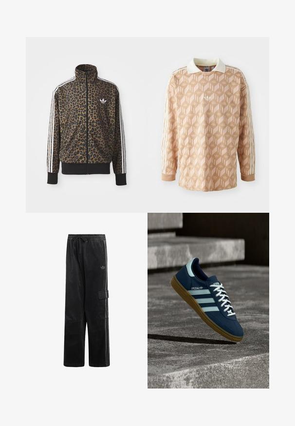 Brun og sort leopardprint zip-up jakke med hvide tre-stribede detaljer på ærmerne og en sort ribkant. Klassisk Adidas-logo.; Langærmet skjorte i en lys ferskenfarve med et geometrisk mønster. Har en hvid krave og tre creme striber på hver ærme.; Sorte manchesterbukser med elastisk talje, snøre, sidelomme med cargo, diskret Adidas-logo og tofargede sidelister.; Blå Adidas Spezial sneaker med hvide striber og snørebånd, gummisål, svævende over en ru betongoverflade og trin i baggrunden.