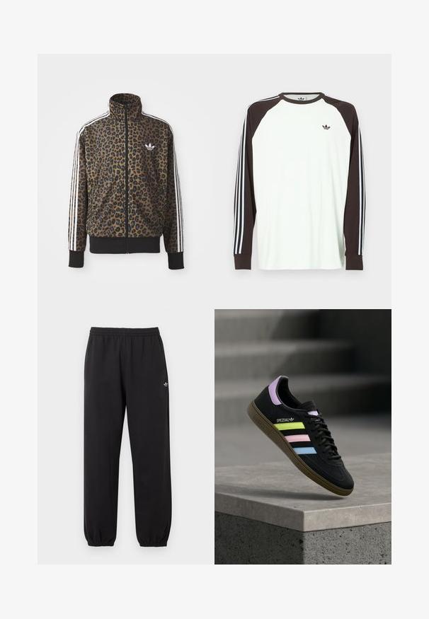Ruskean ja mustan leopardiprintin vetoketjullinen takki, jossa on valkoiset kolme viiru-aksenttia hihoissa ja musta ribattua helmaa. Klassinen Adidas-logo.; Valkoinen pitkähihainen paita, jossa on ruskeat raglan-hihat. Hihoissa sinivalkoiset raidalliset yksityiskohdat ja rinnassa pieni logo.; Mustat Adidas-housut, joissa on joustava vyötärönauha ja resorit lahkeissa, ja pieni valkoinen Adidas-trefoil-logo vasemman reiden yläosassa.; Musta Adidas Spezial -lenkkari, jossa pastellin keltaiset, vaaleanpunaiset ja siniset raidat, laventelinvärinen kantalenkki ja ruskea pohja, leijuu betonireunan yläpuolella.