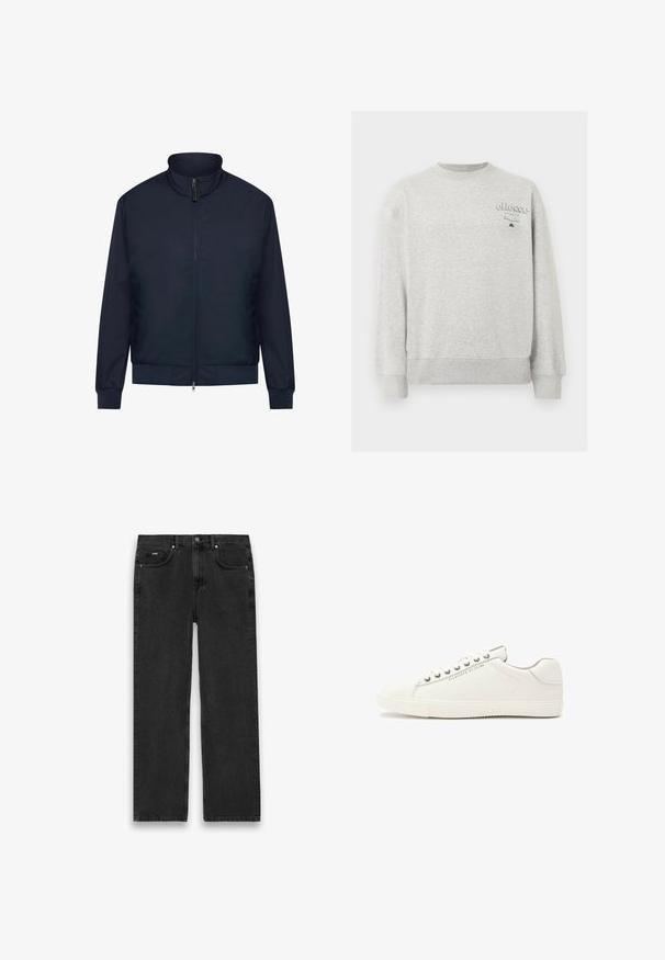 Marineblaues Bomberjacke mit Reißverschluss, Stehkragen, gerippten Bündchen und Saum sowie Seitentaschen; aus glattem, leichtem Stoff gefertigt.; Hellgraues Sweatshirt mit Rundhalsausschnitt, langen Ärmeln und kleinem "ellesse Italia"-Logo auf der oberen linken Brust.; Schwarze Denim-Jeans mit geradem Schnitt, ausgestattet mit fünf Taschen, einem Knopfverschluss und leichter Ausbleichung. Strukturierter Stoff und minimale Nähdetails.; Weiße Lederturnschuhe mit glatter Textur, runder Zehenpartie, flacher Gummisohle, Schnürsenkeln und metallischen Ösen. Branding an der Seite.