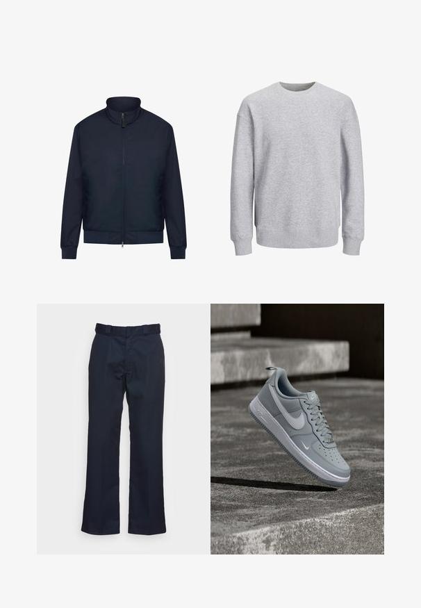 Námornícky modrá bomber bunda so zipsovým zapínaním, stojatým golierom, ribbovanými manžetami a spodným lemom a bočnými vreckami; vyrobená z hladkej, ľahkej látky.; Šedá mikina s okrúhlym výstrihom, dlhými rukávmi a rebrovanými manžetami a spodným lemom. Vyrobená z jemnej látky, má voľný strih bez vzorov a akcentov.; Námornícké modré nohavice so strihom rovného nohu, vyrobené z hladkej tkaniny, s klasickým pásom a bez viditeľných vzorov či kovania.; Šedý teniska Nike Air Force 1 s bielym logom swoosh, vznášajúci sa nad textúrovaným betónovým povrchom a schodmi v pozadí.