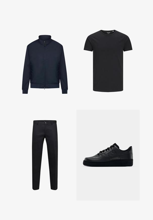 Μπλέ ναυτικού bomber jacket με φερμουάρ, όρθιο κολάρο, ριγέ μανσέτες και στρίφωμα, και τσέπες στο πλάι; κατασκευασμένο από λείο, ελαφρύ ύφασμα.; Μαύρο βαμβακερό T-shirt με στρογγυλή λαιμόκοψη, κοντά μανίκια και απλό σχέδιο. Λείος υφή, χωρίς σχέδια ή ορατές μεταλλικές λεπτομέρειες.; Μαύρο επίσημο παντελόνι με κλείσιμο με κουμπί και φερμουάρ, ίσια γραμμή και θηλιές για ζώνη, εμφανίζεται σε λευκό φόντο.; Μαύρο παπούτσι Nike Air Force 1 με λείο δερμάτινο άνω μέρος, τρυπητή μύτη για αναπνοή, μαύρες κορδόνες και υφή ελαστικής σόλας.