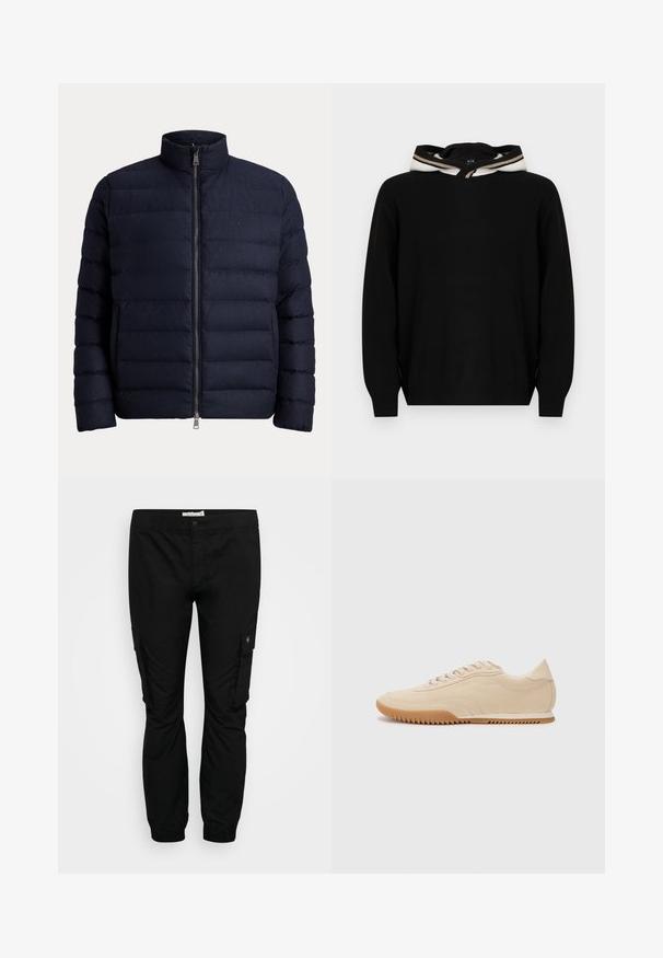 Mørkeblå dunjakke med høj krave, fuld frontlynlås og quiltet design. Lavet af blødt, isolerende stof for varme.; Sort pullover-trøje med hætte, der har en glat tekstur og stribede detaljer rundt om hættens kant. Enkel, afslappet pasform.; Sorte cargo bukser med elastisk talje, tætsiddende ben og sidelommer. Fremstillet af letvægtsstof med en glat overflade.; Beige ruskinds sneakers med et strømlinet design, der har et struktureret overdel, rund tå og en gummisål med et zigzag-mønster.