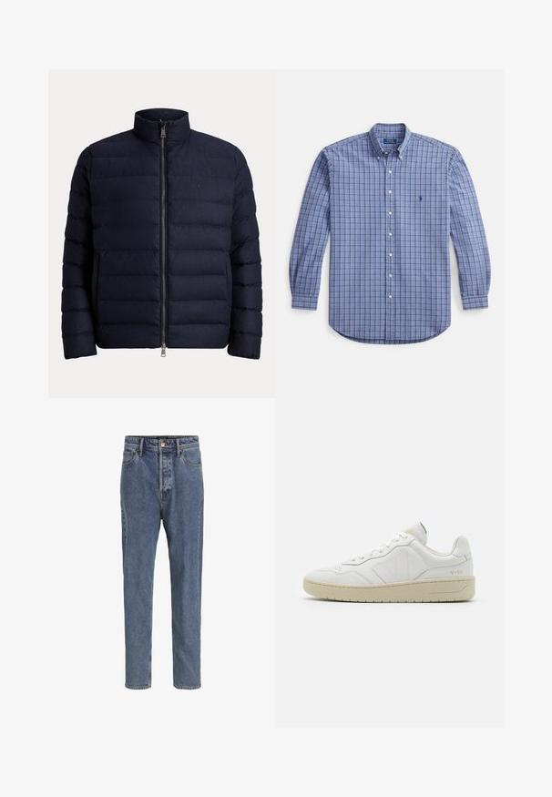 Μπουφάν navy blue με υψηλό γιακά, πλήρως φερμουάρ μπροστά και σχεδίαση με καπιτονέ. Κατασκευασμένο από απαλό, μονωμένο ύφασμα για ζεστασιά.; Πουκάμισο με μακριά μανίκια και κουμπιά, σε μπλε καρώ σχέδιο, με γιακά, μανσέτες και μικρό κεντημένο λογότυπο στο στήθος. Ύφασμα που πλένεται στο πλυντήριο.; Ανοιχτό μπλε παντελόνι denim με πέντε τσέπες, ίσια πόδια, κλείσιμο με κουμπιά και θηλιές για ζώνη, εμφανίζεται σε απλό φόντο.; Λευκά δερμάτινα sneakers με υφή και επενδεδυμένο κολάρο. Διαθέτουν μπεζ καουτσούκ σόλα και διακριτική σήμανση στη φτέρνα και στο πλάι.