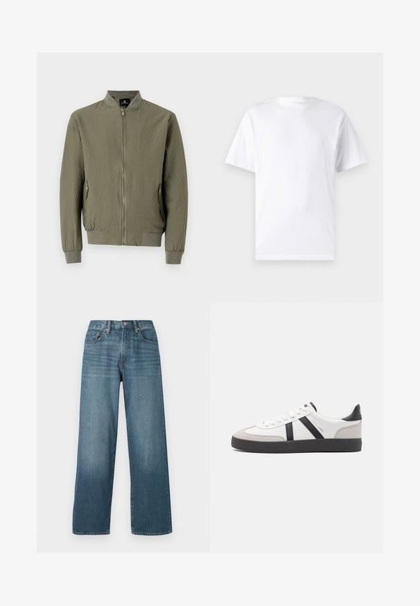 Ένα ελαιόχρωμο bomber jacket με υφή, ριγέ μανσέτες και γιακά, και κλείσιμο με φερμουάρ μπροστά. Διαθέτει δύο πλαϊνές τσέπες.; Λευκό κοντομάνικο μπλουζάκι από βαμβάκι με στρογγυλή λαιμόκοψη, διαθέτοντας λεία υφή και απλό σχέδιο χωρίς μοτίβα ή διακοσμήσεις.; Φαρδιά σκούρα μπλε τζιν παντελόνια με κλείσιμο κουμπιού, θηλάκια ζώνης και ξεθωριασμένη υφή. Διαθέτουν πέντε τσέπες και ραφές σε αντίθεση.; Λευκό αθλητικό παπούτσι με μαύρες και γκρί λεπτομέρειες, featuring ένα υφή γκρί καλύμμα δαχτύλου, μαύρη καουτσούκ σόλα και επίπεδες λευκές κορδόνες. Καθαρός σχεδιασμός, μινιμαλιστικό στυλ.