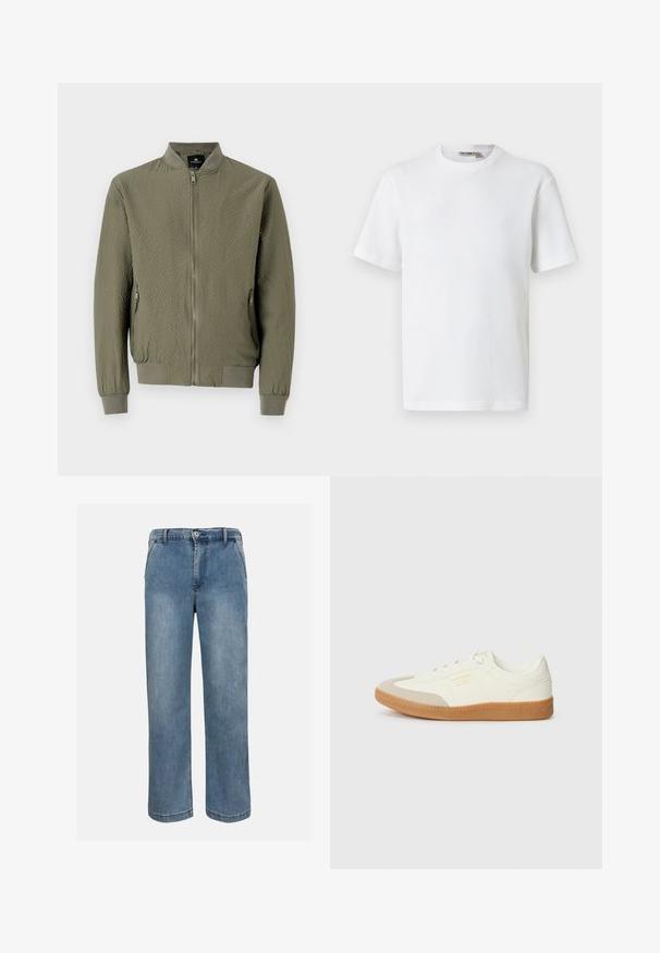 Veste bomber vert olive avec une surface texturée, des poignets et un col côtelés, et une fermeture éclair à l'avant. Comprend deux poches latérales.; T-shirt blanc à manches courtes en maille gaufrée avec col rond, petite étiquette de marque à l'intérieur du col, présenté sur un fond uni.; Jean en denim bleu à jambes droites, avec bouton frontal, fermeture éclair et passants pour ceinture, sur un fond neutre.; Baskets en cuir blanc avec une coque beige et une semelle en caoutchouc marron clair. Dotées de lacets blancs plats et d'un logo embossé sur le côté.