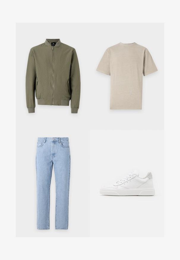 Chaqueta bomber verde oliva con una superficie texturizada, puños y cuello acanalados, y cierre frontal con cremallera. Incluye dos bolsillos laterales.; Camiseta de manga corta en beige claro con cuello redondo, fabricada en un tejido suave, que presenta una textura lisa y un diseño simple sin gráficos.; Vaqueros de mezclilla de color azul claro con un diseño de pierna recta, cinco bolsillos y cierre de botones. Textura suave con un acabado clásico descolorido.; Zapatillas de cuero blanca con un acabado suave, punta redondeada, cordones planos y una suela texturada. Acento de ante gris en el talón.