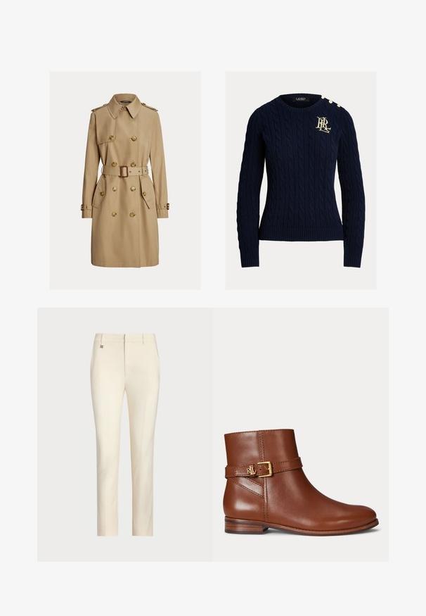 Beige dobbeltknappet trenchcoat med bælte, knaplukning på skulderstropperne, to forlommer med klap og spænder på manchetterne.; Marineblå kabelstrikket sweater med ribbede kanter og manchetter, med guldknap detaljer på skulderen og en guld logo brodering på brystet.; Cremefarvede skræddersyede bukser med lige ben, der har en glat tekstur, frontlommer og en diskret metallisk detalje på taljebåndet.; Brun læderankelstøvle med lav hæl og guldfarvet spænde på siden mod hvid baggrund.