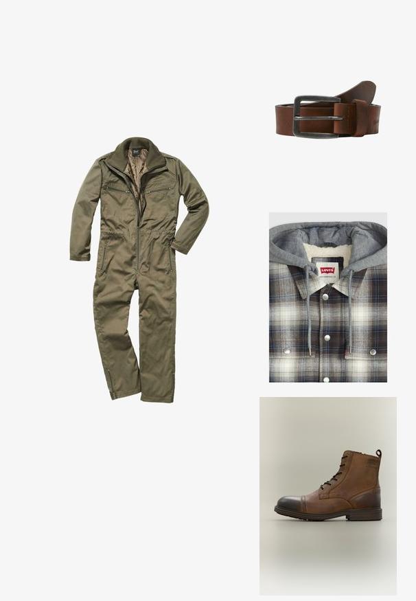 Veste en flanelle à carreaux avec hoodie gris ; texture en flanelle en vérifiant marron, blanc et bleu ; quincaillerie argentée ; intérieur en polaire.; Combinaison olive en tissu résistant, avec un zip sur le devant, un col côtelé et plusieurs poches zippées à la poitrine et sur les côtés.; Botte cheville en cuir marron à lacets avec bout noir, semelle ronde et détail de marque sur le côté sur fond uni.; Ceinture en cuir marron avec une boucle en métal brossé, elle présente une texture lisse et un design classique. La sangle s'amincit vers l'extrémité.
