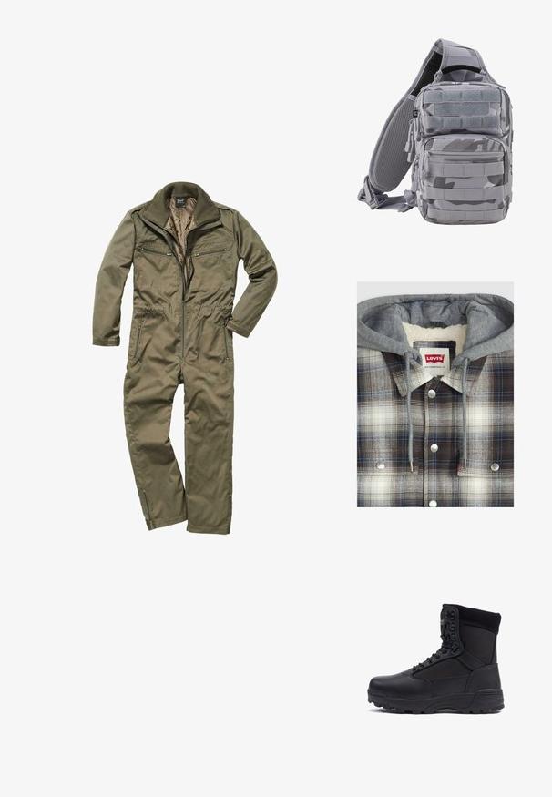 Veste en flanelle à carreaux avec hoodie gris ; texture en flanelle en vérifiant marron, blanc et bleu ; quincaillerie argentée ; intérieur en polaire.; Combinaison olive en tissu résistant, avec un zip sur le devant, un col côtelé et plusieurs poches zippées à la poitrine et sur les côtés.; Botte tactique noire avec une tige en cuir lisse et des panneaux en tissu, design montante, fermeture à lacets à l'avant et semelle en caoutchouc robuste.; Brandit US COOPER EVERYDAYCARRY-SLING - Sac bandoulière - blizzard camo