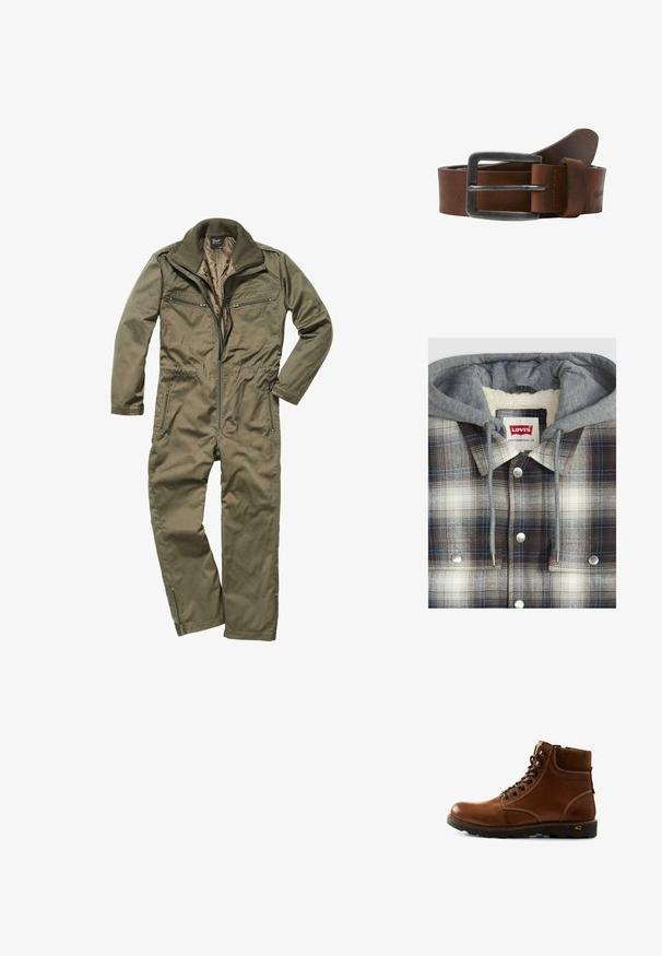 Chaqueta de camisa a cuadros con capucha gris; textura de franela en cuadros marrones, blancos y azules; herrajes plateados; interior forrado de forro polar.; Mono verde oliva hecho de un tejido duradero, con cierre frontal de cremallera, cuello acanalado y múltiples bolsillos con cremallera en el pecho y los lados.; Bota de cuero marrón hasta el tobillo con cuello acolchado, cierre con cordones y suela negra robusta diseñada para aventuras al aire libre.; Cinturón de cuero marrón con hebilla de metal cepillado, presenta una textura suave y un diseño clásico. La correa se estrecha hacia el final.